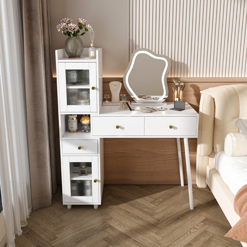 Table de coiffeuse avec DEL, 3 tiroirs, 2 tablettes, 4 armoires, modes d'éclairage, pour fille dans le salon
