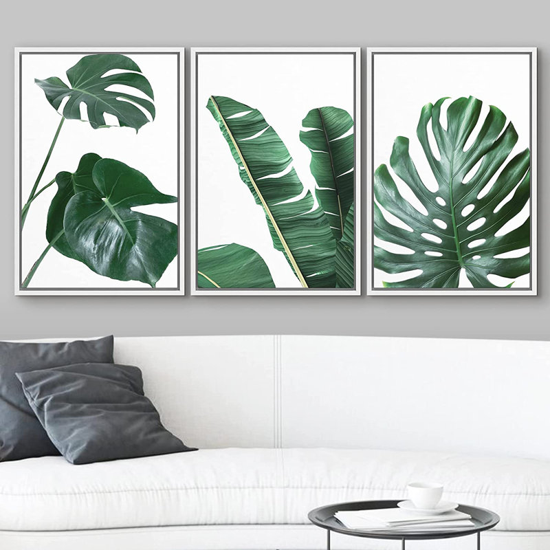Minimal Botanical Vibrant Green Monstera and Banana Leaf Trio Botanical, H 36 po x l 72 po, Impression encadrée, Blanc