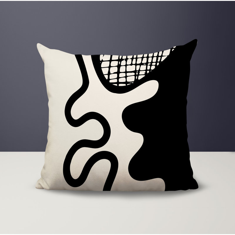 Oreiller carré réversible intérieur / extérieur Vido, H 15 po x l 15 po, Blanc cassé / abstrait noir