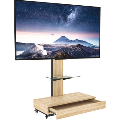 Support TV réglable pour écrans de 32 à 75 pouces, chariot mobile en bois et en verre avec roulettes et tiroir coulissant, idéal pour le salon, la chambre ou le bureau, hauteur réglable sur 10 positions.