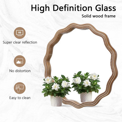 23,62 pouces miroir rond en bois ondulé miroir mural rond miroir festonné-grand décor encadré en bois suspendu cercle cercle moderne décor de ferme pour salle de bain, salon, chambre de bébé décor