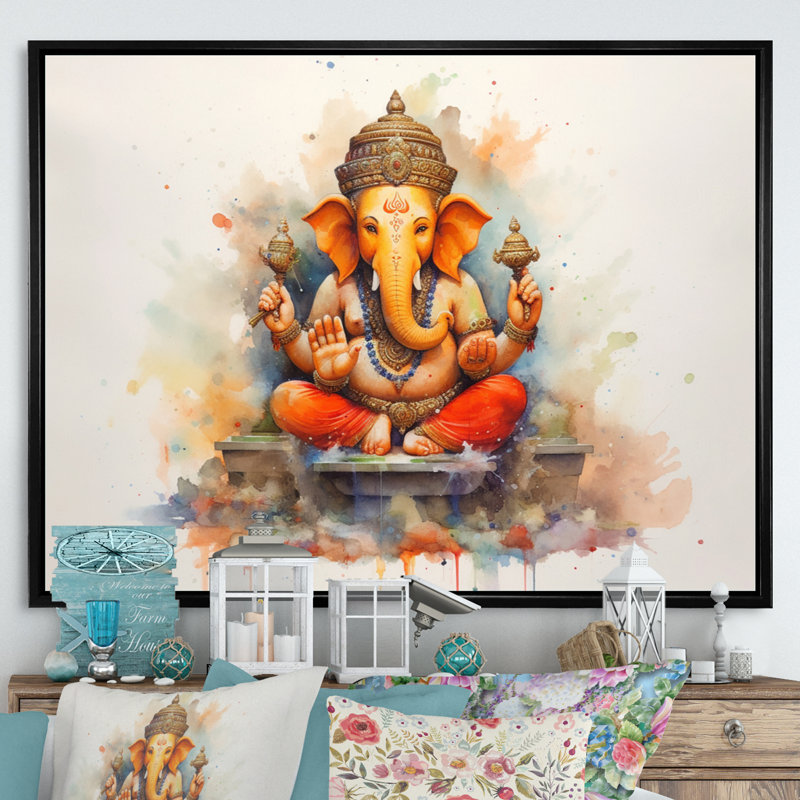 Éléphant vibrant d'Hinduisim II, H 16 po x l 32 po x P 1 po, Cadre flottant noir
