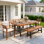 Ensemble de salle à manger d'extérieur en bois 7 pièces 7 pièces, avec 5 coussins ergonomiques, banc et table spacieuse, ensemble de mobilier de patio pour 7 à 8 personnes