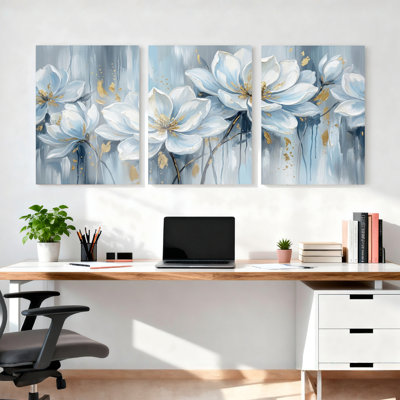 Blue Magnolia Floral Art Canvas Wrapped Wall Art Set Of 3 For Living Room Bedroom Decor