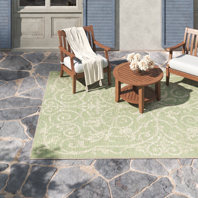 Cassina Floral Ivory Light Green Indoor Outdoor Area Rug, Rectangle 5'10" x 9'2"
