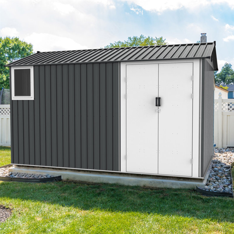 Remise de rangement extérieure en métal 8 pi x 12 pi avec fenêtre, base de plancher, bouches d'aération et porte à double charnière