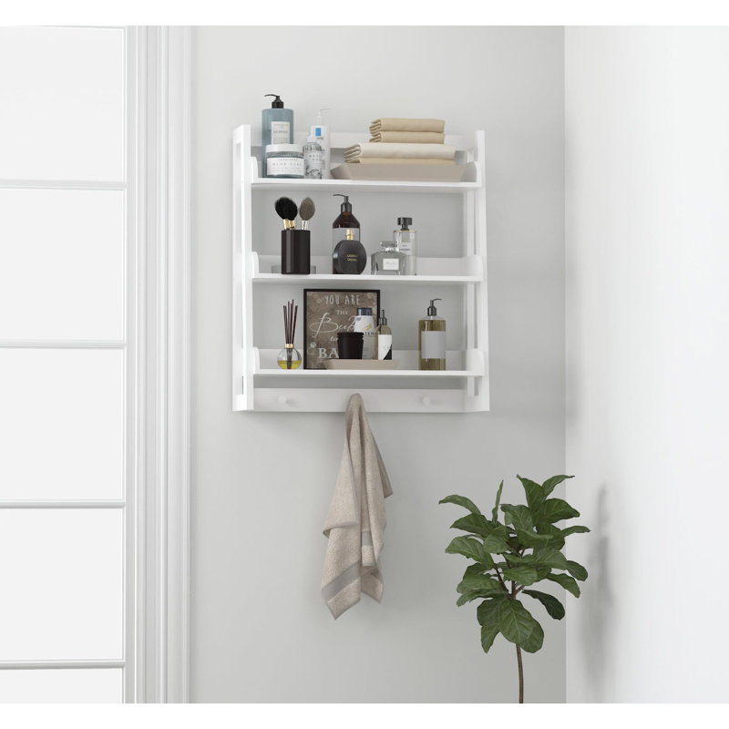 Bathroom Wall Shelf, Over Toilet Storage Shelf Organizer, 3-Tier Wall Mount Shelf Rack With Hook, White