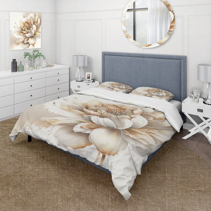 Blooming Beige Floral Design I - Ensemble de housse de couette floral - Polyester en microfibre