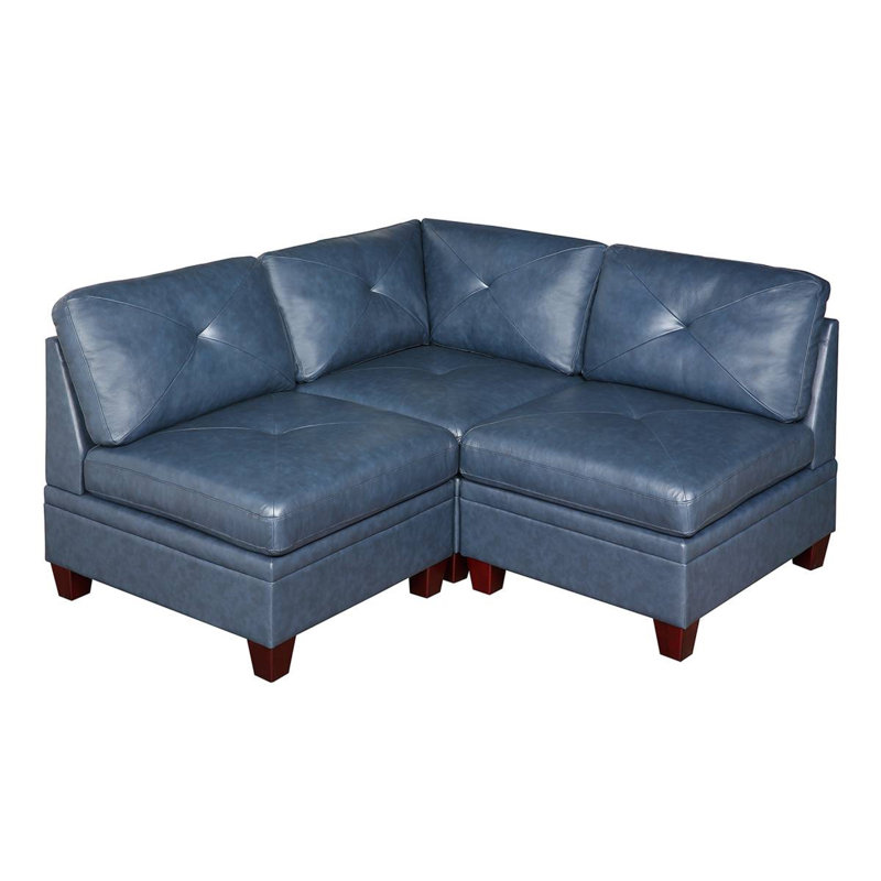 66" Wide Genuine Leather Symmetrical Modular Corner Sectional, Blue Genuine Leather