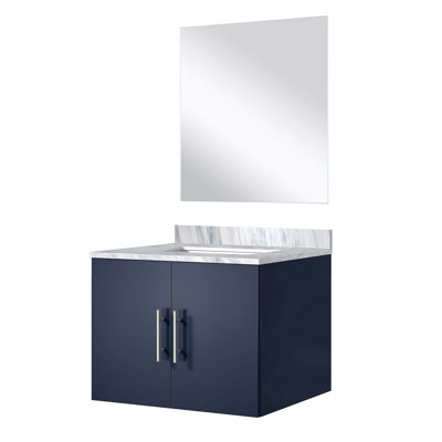 24 po W Bleu marine, comptoir en marbre, 18 miroirs, meuble-lavabo à finition grattée avec plateau et fermeture en douceur, style sophistiqué