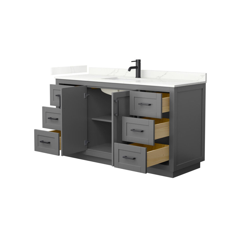 Meuble-lavabo simple autoportant de 60 po avec plateau en quartz Miranda, Giotto Quartz, Gris foncé, Noir mat