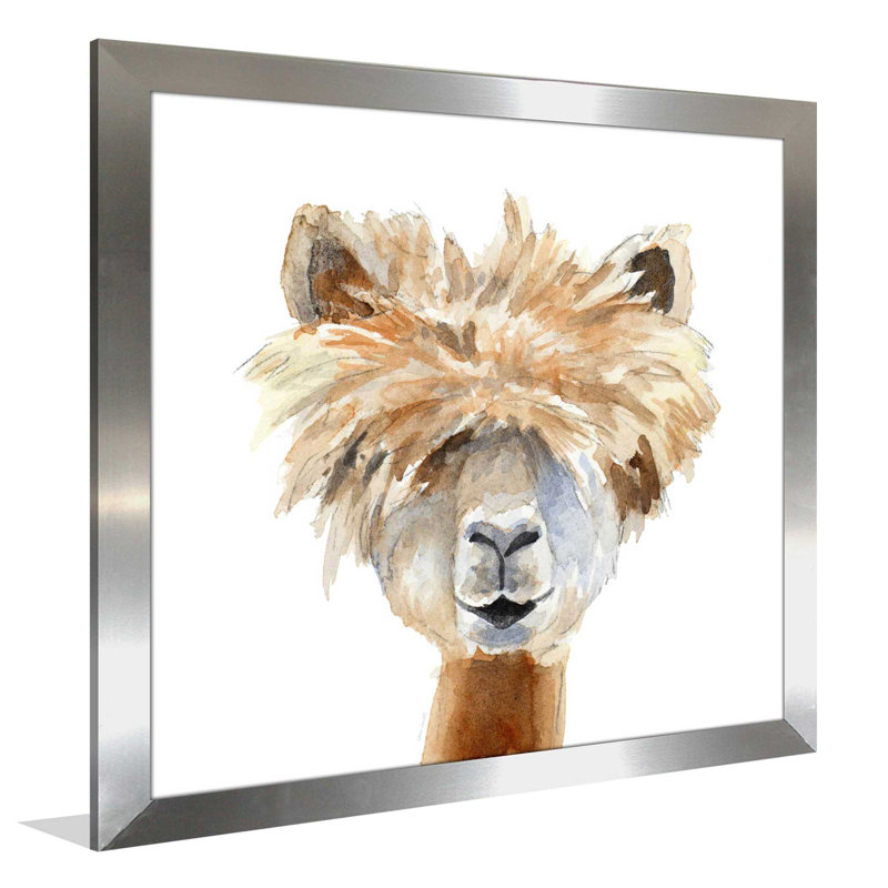 «Llama with Bangs», reproduction de peinture à l'aquarelle, H 31,5 po x l 31,5 po x P 1 po, Encadrement argenté