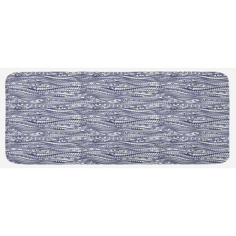 Tapis de cuisine à imprimé bleu foncé à motif de rayures ondulées ondulées et petites triangles folk primitif
