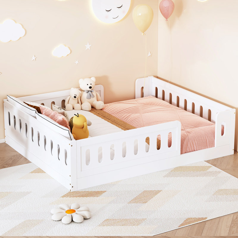 Wood Full Size Platform Bed with Guardrail, White, White