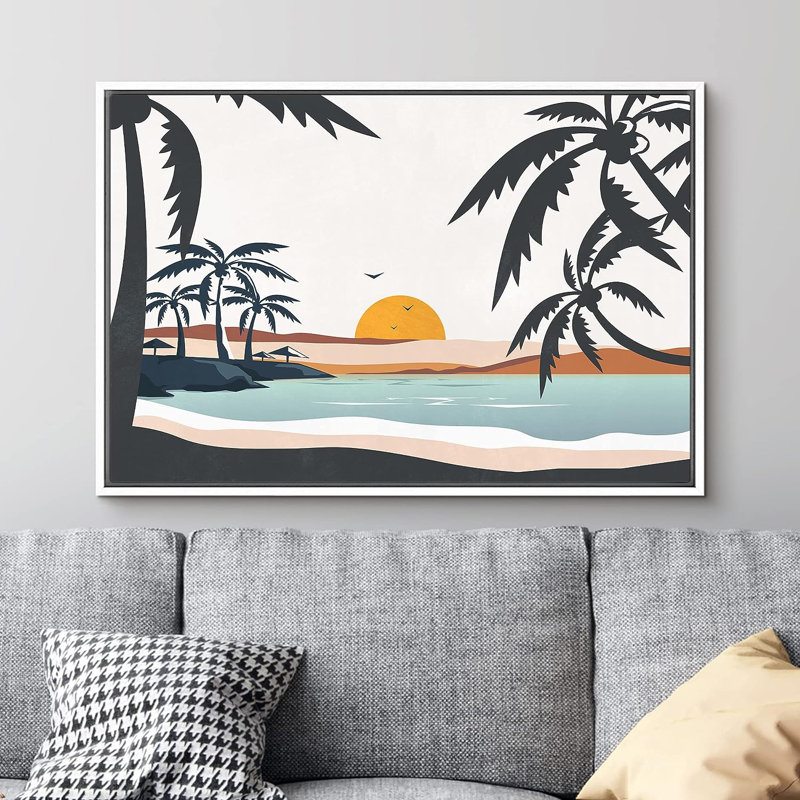 «Coastal Beach Tropical Palm Tree Ocean Beachy Sunset Coastal Decor», reproduction d'art sur toile encadrée, Blanc