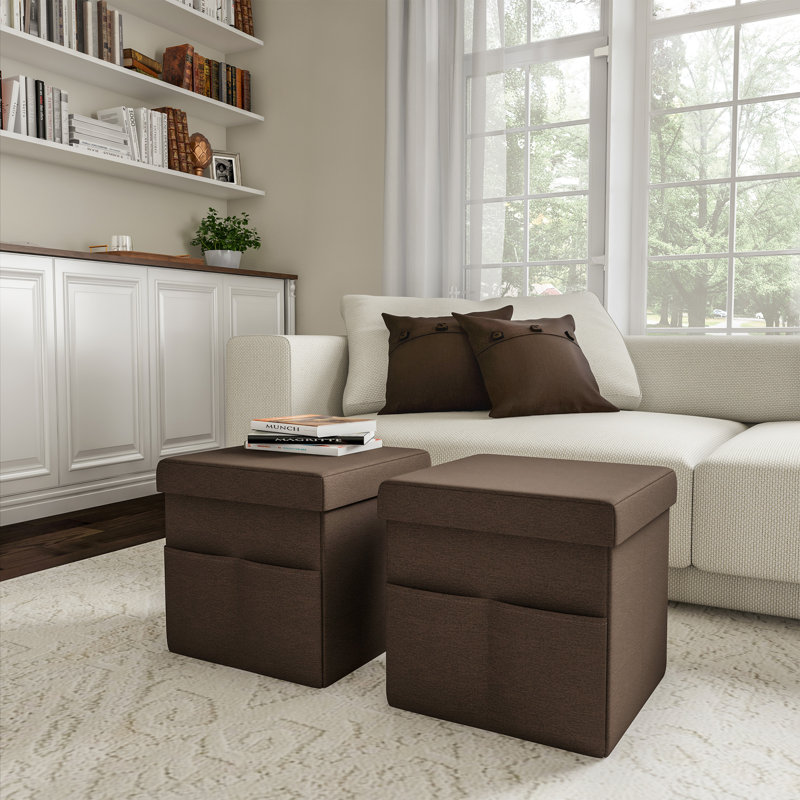 Repose-pieds Charboneau avec poches de rangement - Repose-pieds pliables de 15 pouces ou organisateurs de rangement pour chambre à coucher, salon ou dortoir, ensemble de 2 - Brun