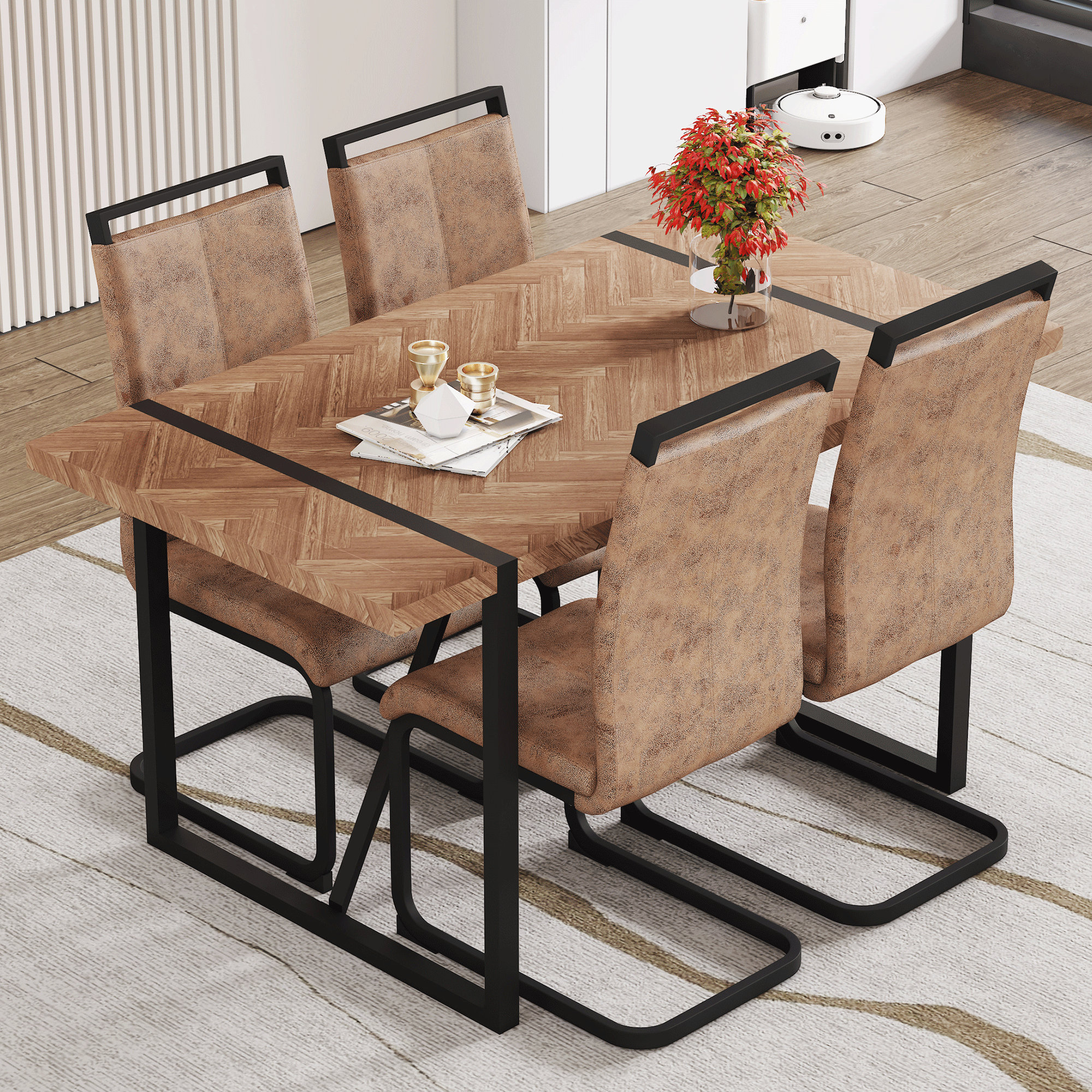 George Oliver Table And Chair Set.A Retro Rectangular Dining Table With ...