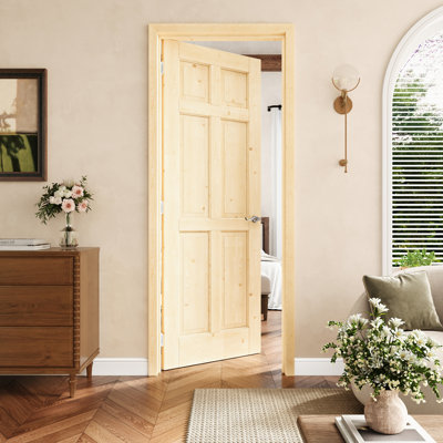 Porte pré-suspendue à 6 panneaux en bois de pin de 30 po x 80 po avec charnières argentées, bois de pin naturel, porte intérieure comme porte de garde-manger, porte de chambre à coucher, porte de buanderie, portes de placard, portes de pièce, main gauche