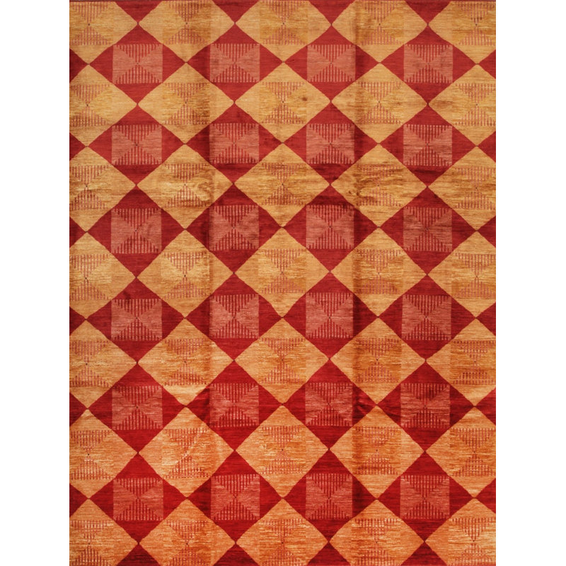 Coral Hand-Knotted Wool Diamond Hourglass Motif Geometric Modern Contemporary Carpet Rug, 8' x 10'