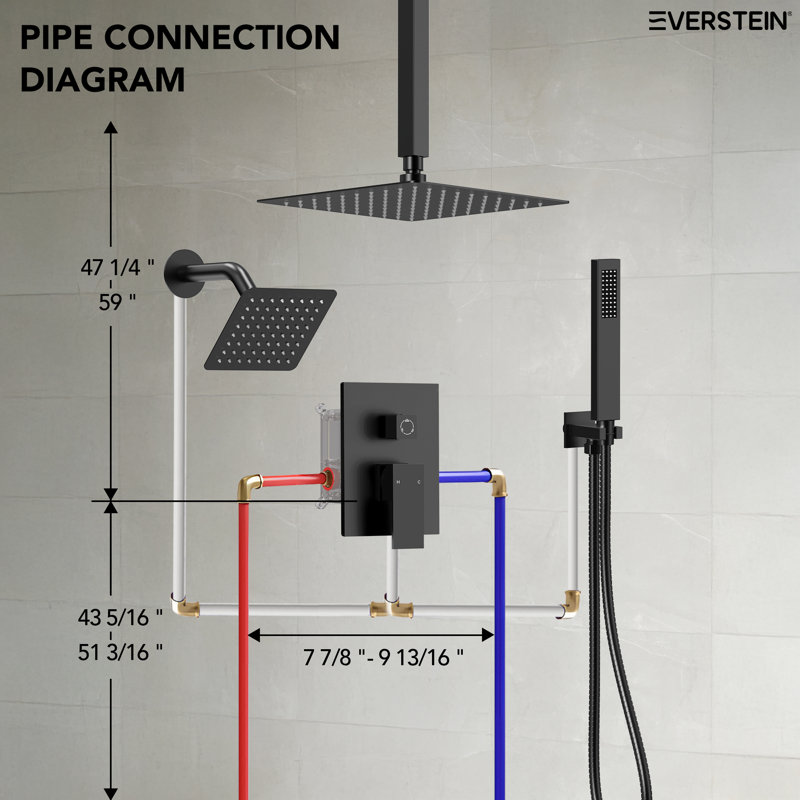 Système de douche à pluie à pression équilibrée 10 po, têtes de douche DualRainShower avec valve brute, Noir mat