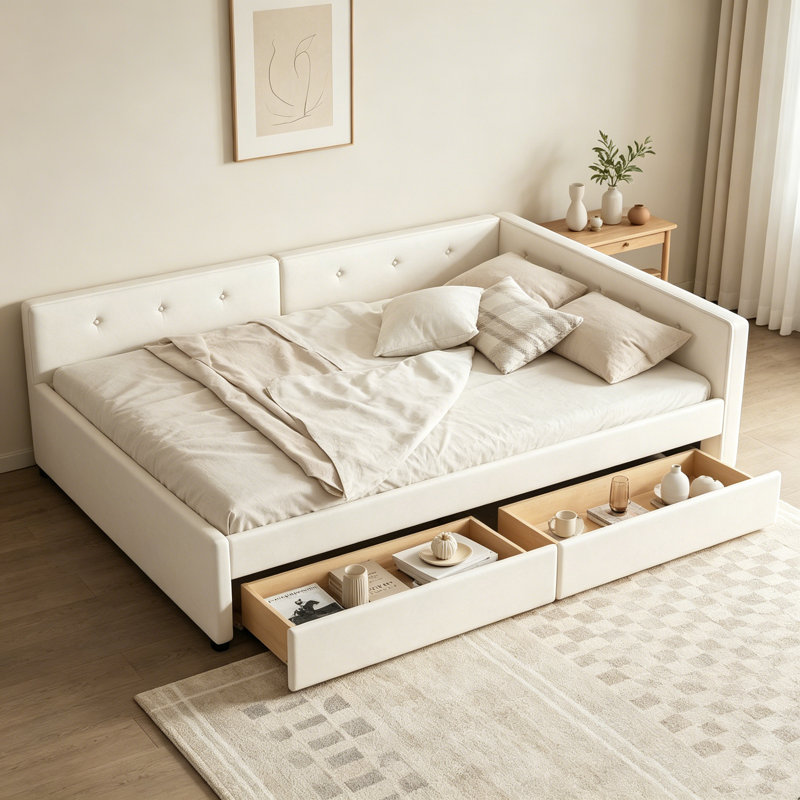Grand lit plateforme tapissier beige avec ports de chargement USB et 2 tiroirs de rangement, Queen