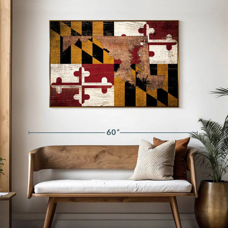 Carte d'État sur le drapeau du Maryland, 46 po x 31 po, Cadre flottant doré