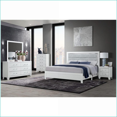 Bedroom Set, 5-Piece Modern Snow White Full Size with LED Accent Lighting | Double Dressers | Solid Wood+MDF