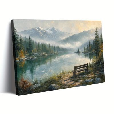 Tableau sur toile vintage représentant un paysage de forêt de pins et de lac Misty Mountain Lake, avec un banc en bois, décor rustique pour chalet
