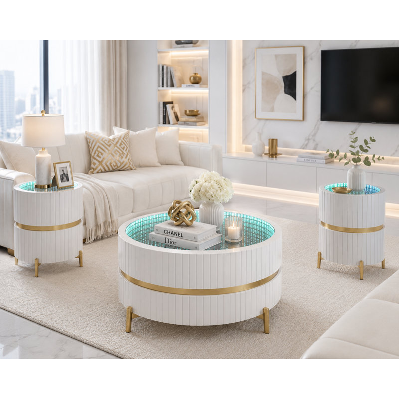 Ensemble de table basse et de table de bout 3 pièces Infinity Mirror, White