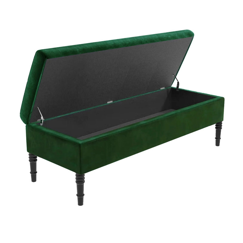 Safar Plain Upholstered Plush Velvet Ottoman Storage Bench with Black Turned Wooden Legs, Forest Green