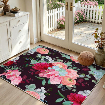 Tapis d'intérieur transparent, lavable à la machine, motif bouquets de pivoines hivernales.