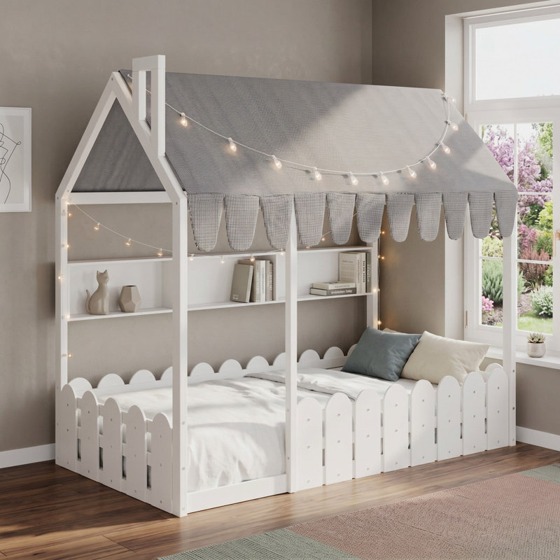Lit simple pour enfants Montessori, lit au sol avec garde-corps et lattes non inclus, Blanc