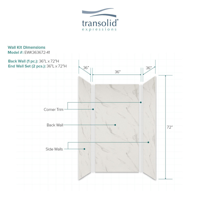 Paroi de douche à 3 panneaux l 48 po x P 36 po Expressions, Bianca, H 72 po x l 36 po x P 36 po