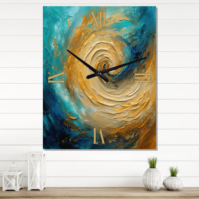 Golden Ocean Swirling Waves Painting III - Abstract Spirals Wall Clock Oversized