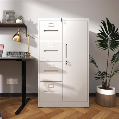Armoires | Classeur vertical moderne à 4 tiroirs avec serrure, 1 porte de rangement supplémentaire pour la maison Bureau, métal, blanc neige | Acier | Bureau