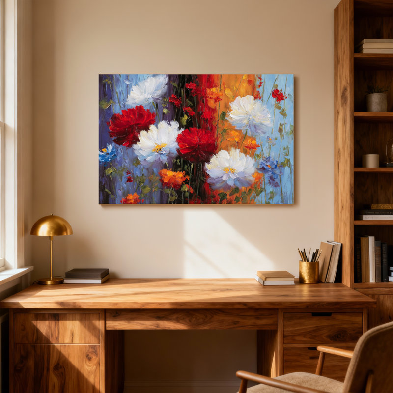 Plantes et fleurs, fleurs colorées sur toile, H 12 po x l 18 po