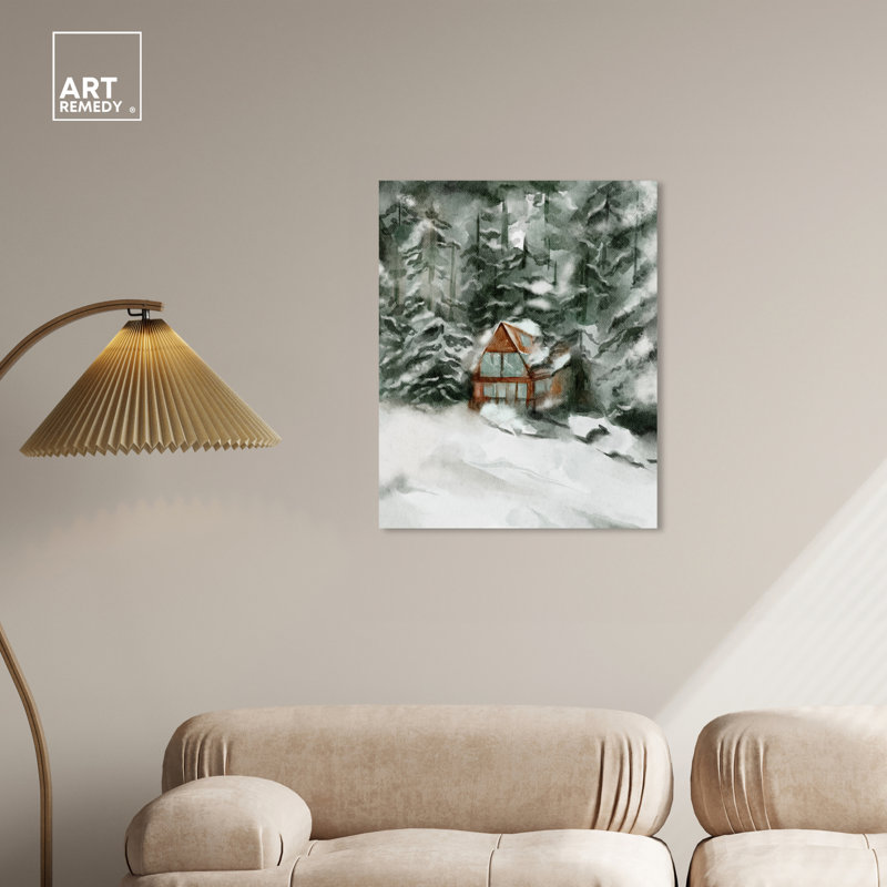 Winter Cabin in Snowy Forest Landscape Canvas Wall Art, 24" x 30"