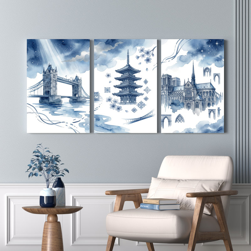 Ensemble de 3 tableaux sur toile représentant des monuments du monde en bleu et blanc, pour la décoration du salon, de la chambre et de la maison.