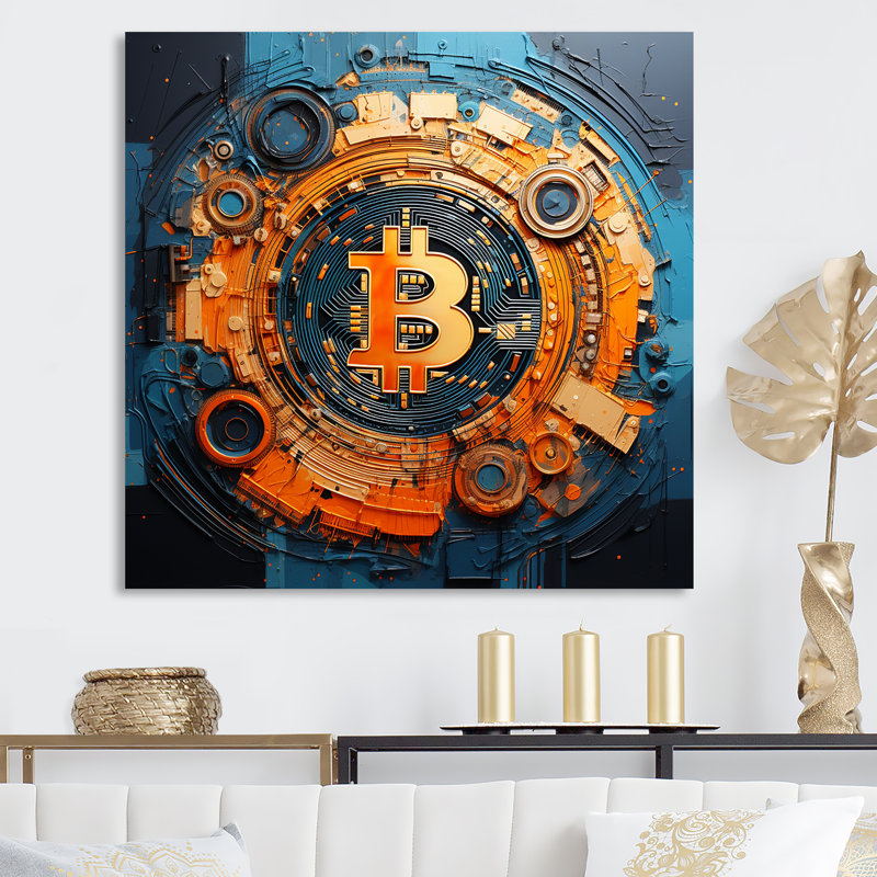 «Orange Vibrant Bitcoin Crypto», art mural abstrait, Toile tendue, H 16 po x l 16 po x P 1 po