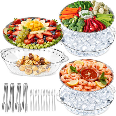 3 Pack Chilled Serving Trays with Ice Compartments, Cold Food Platter Set for Party Buffet and Charcuterie