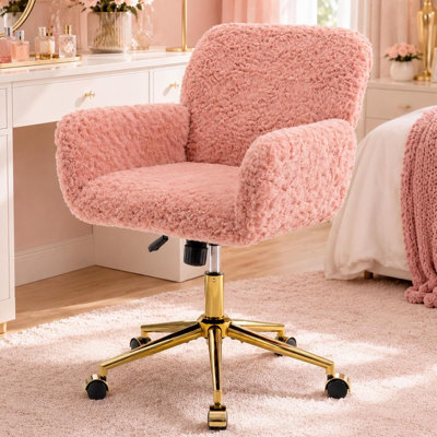 Chaise de bureau à domicile en poils de lapin artificiels avec base en métal doré, chaise de bureau pivotante et réglable, chaise de coiffeuse (rose)