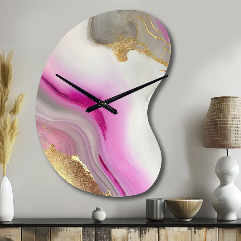 Rose et or marbre abstrait II - horloge murale asymétrique en métal, impression d'horloge murale moderne unique, Grand