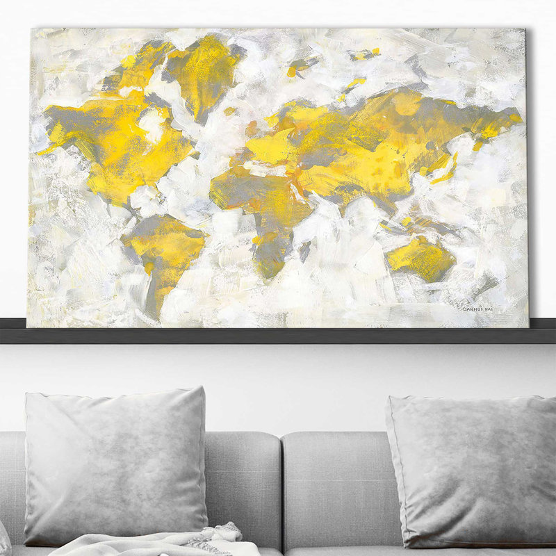 «World Map Yellow Gray» par Danhui Nai - impression, H 18 po x l 30 po x P 1 po, Toile tendue