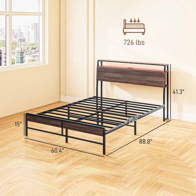Grand lit avec tête de lit, cadre de plateforme avec lumières à DEL polyvalentes et station de charge, 3 tablettes, construction en acier, facile à installer, cadre en noyer, tête de lit, lattes, installation simple,