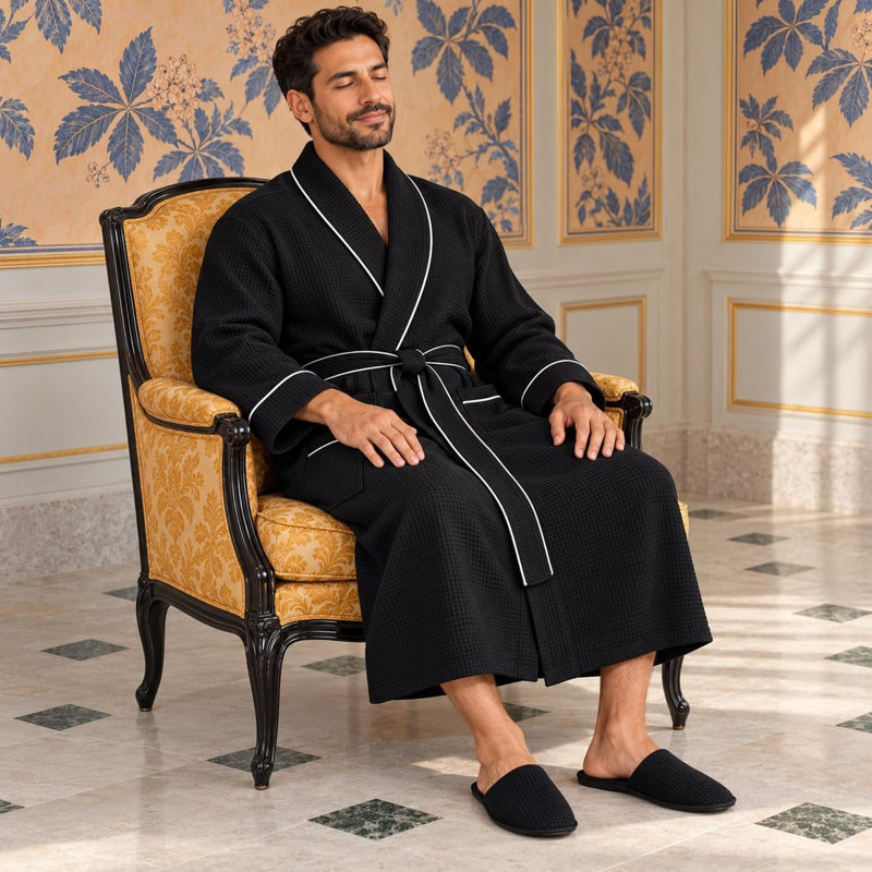 Peignoir gaufré LOTUS LINEN, M, Noir