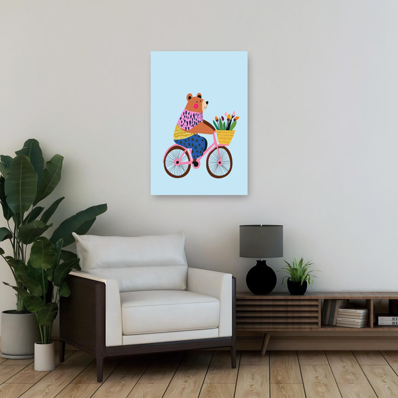 Happy Bear Bike Ride Colorful Playful Whimsical Bear Flower Spring Wall Art Print by Mathieu - Wrapped Canvas Print