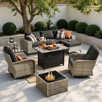 9-Piece Patio Conversation Set With Fire Pit Table, Modular Outdoor Wicker Sectional With Swivel Rocking Armchairs And Coffee Table, Patio Sofa Set Wi
