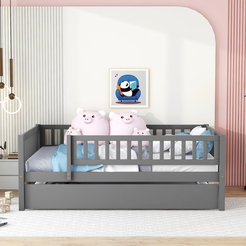 Lit de jour double avec couchette et barrière de sécurité grise - Créez un espace de repos confortable et confortable pour la chambre à coucher