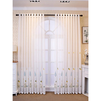 White Grommet Top Sheer Curtain with Cute House & Tree Embroidery, Light Filtering Voile for Kids' Bedroom