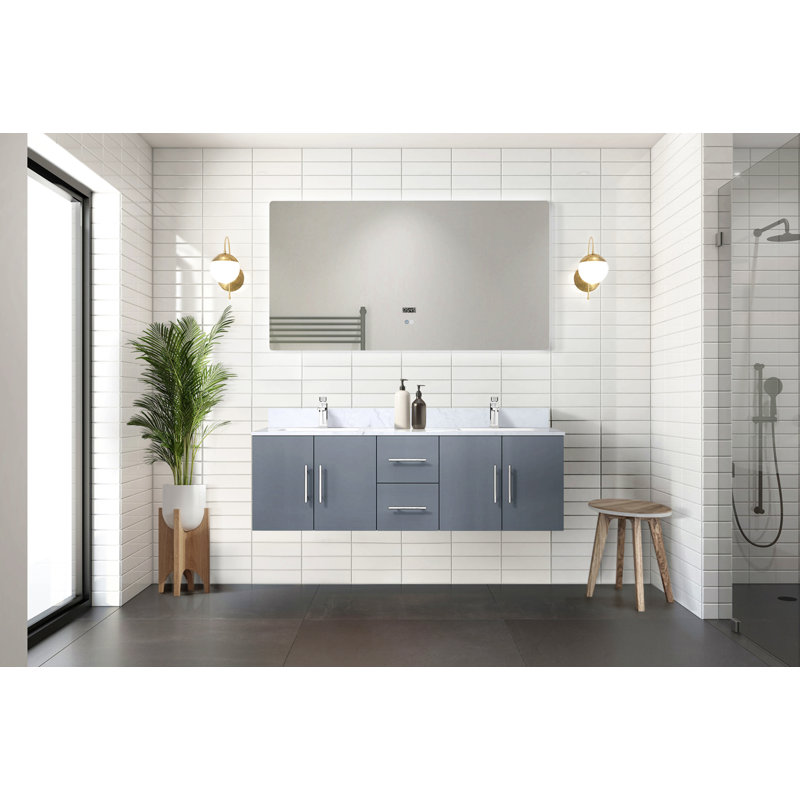 Meuble-lavabo double 60 po X P 22 po D, avec plateau en marbre de Carrare, Gris, 60"